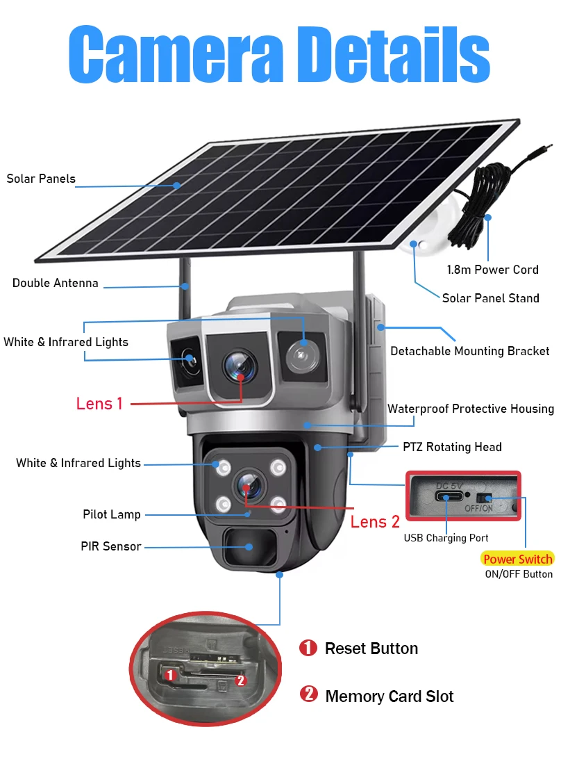 Dual Lens Three Screens WIFI Solar Camera 12MP 10X Zoom CCTV Outdoor Automatic Tracking Humanoid Detection Support PTZ IP66 Cam