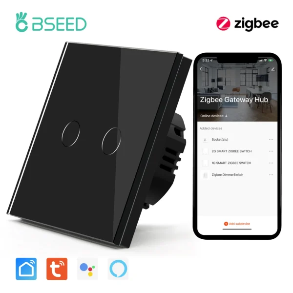 BSEED Zigbee Touch Switch Glass 1/2/3Gang Smart Light Switch Tuya Wireless Controller via Google Smart Life Alexa App No Neutral