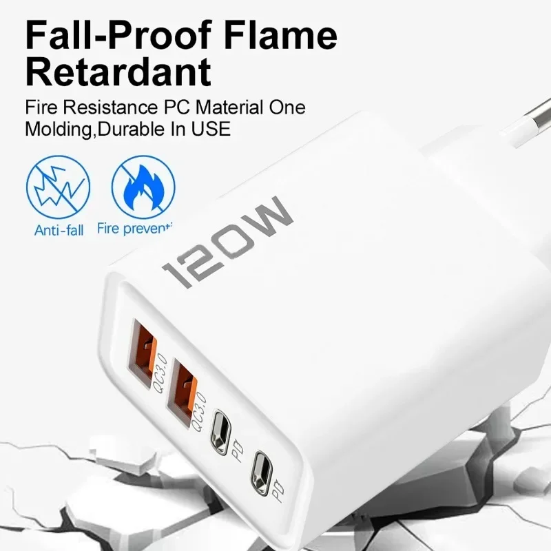 120W 4 Port USB Type C Charger Fast Charging Data Cable USB Phone Charger Adapter for Samsung IPhone Xiaomi Huawei Wall Charger