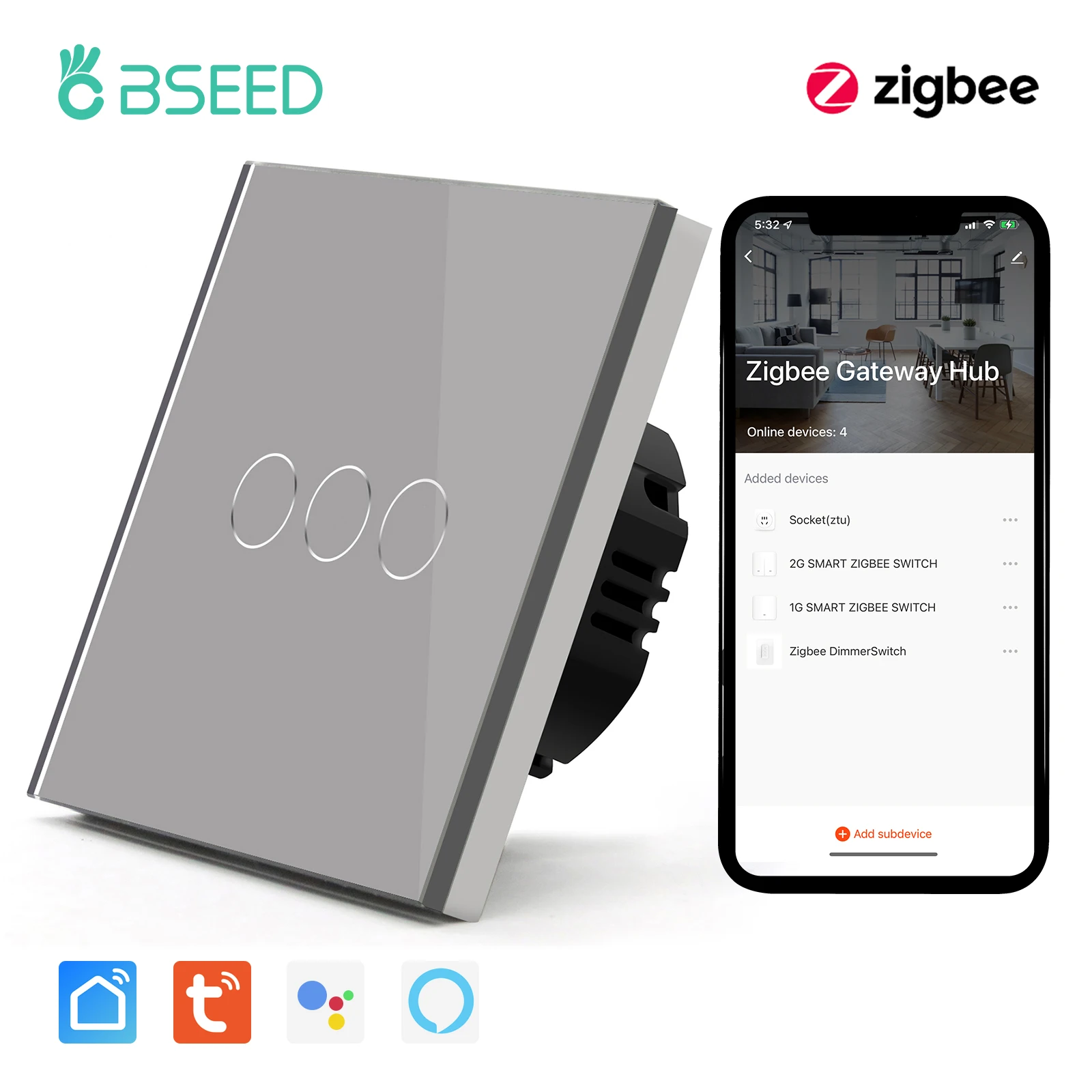 BSEED Zigbee Touch Switch Glass 1/2/3Gang Smart Light Switch Tuya Wireless Controller via Google Smart Life Alexa App No Neutral
