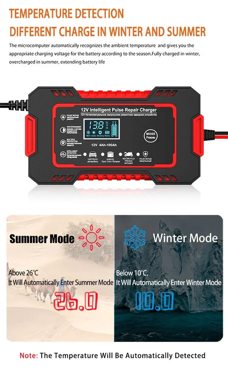Car Battery Charger 12V Pulse Repair LCD Display Smart Fast Charge AGM Deep Cycle GEL Lead-Acid Charger For Auto Motorcycle