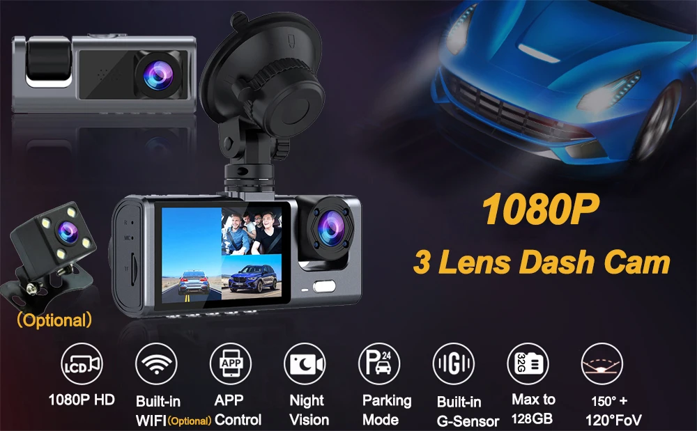 Dash Cam for Cars WIFI APP Car DVR 3 Channel Front Camera Video Recorder Rear View Camera for Vehicle Black Box Car Assecories