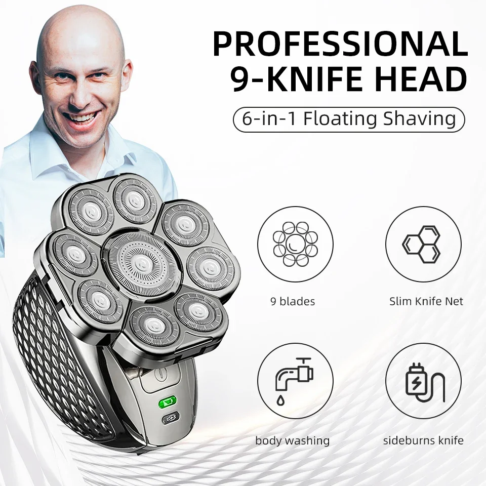 6 in 1 Professional men Waterproof electric shaver with 9 Cutter Floating Head, USB Rechargeable Multifunction Grooming Kit