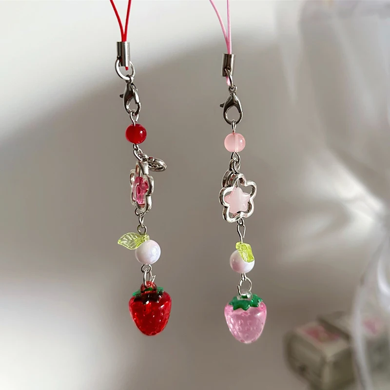 Sweet Y2K Cute Strawberry Mobile Phone Lanyard Lovely Fruits Phone Chain For Girls Aesthetic Cellphone Keychain