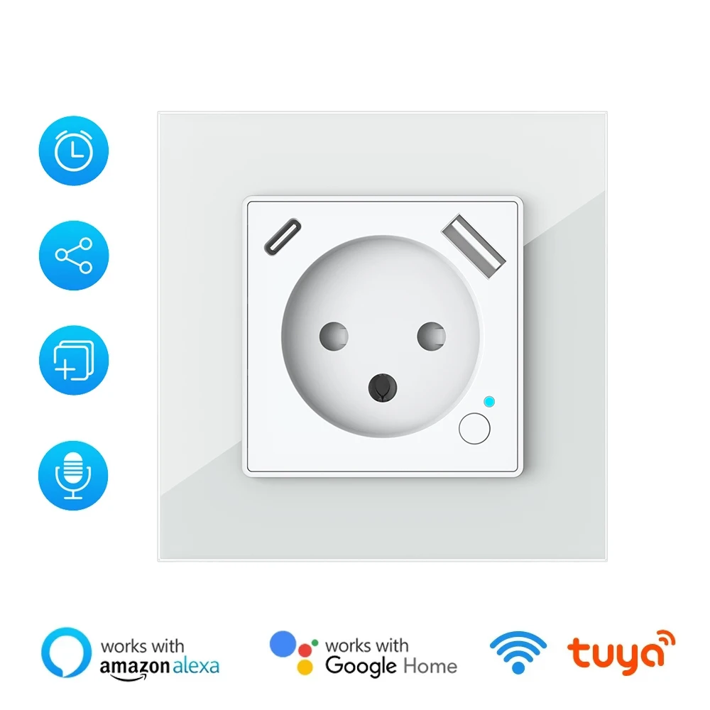 Shawader Tuya WiFi Smart Israel Wall Socket EU Power Plug Outlet USB Type-C PD 20W Charge Port for Iphone Alexa Dot Google Home