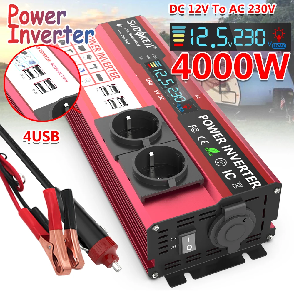 SUDOKEJI 3000W 4000W (MAX POWER)Power Inverter for Car Inverter RV Boat 500W 800W DC 12V 24V To 120V 220V EU US UK Global Socket