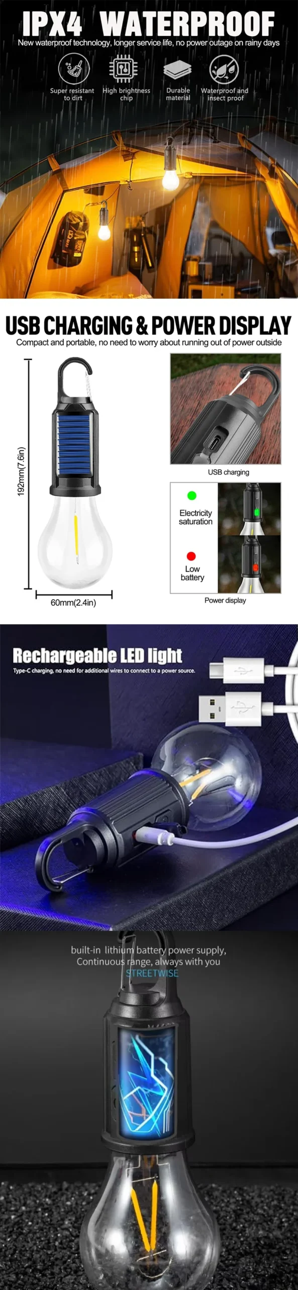 1-3 Pcs LED Camping Lamp Solar USB Rechargeable Outdoor Tent Lights Hanging Light Bulbs Camping Essentials Camping Flashlight