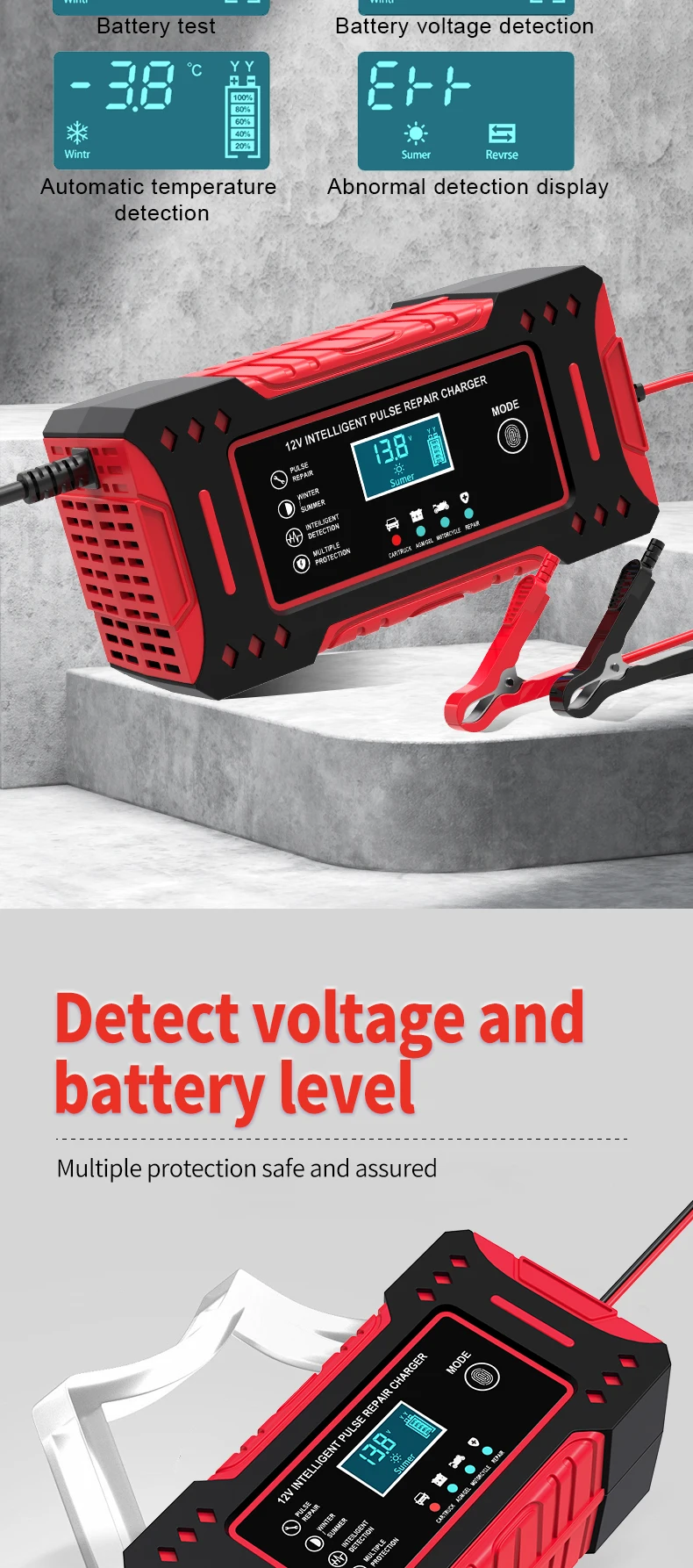 6A 12V Intelligent Car Battery Charger Car and Motorcycle Battery Charging Unit Lead-Acid Battery Repair LCD Display
