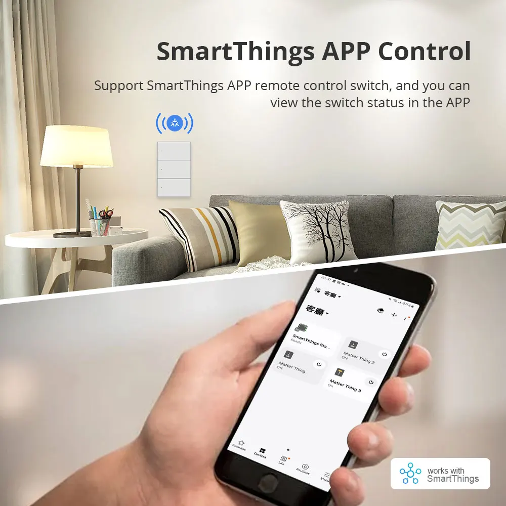 Zemismart Matter WiFi 1 2 3 4 6 Gangs Smart Wall Light Switch Neutral Required with Big Button SmartThings App Homekit Control