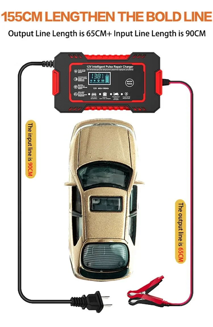 Car Battery Charger 12V Pulse Repair LCD Display Smart Fast Charge AGM Deep Cycle GEL Lead-Acid Charger For Auto Motorcycle