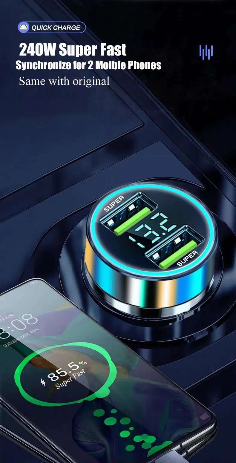240W Car Charger Fast Charging 2 USB Ports Adapter for IPhone Samsung Xiaomi Quick Charging Chargers with Digital Display
