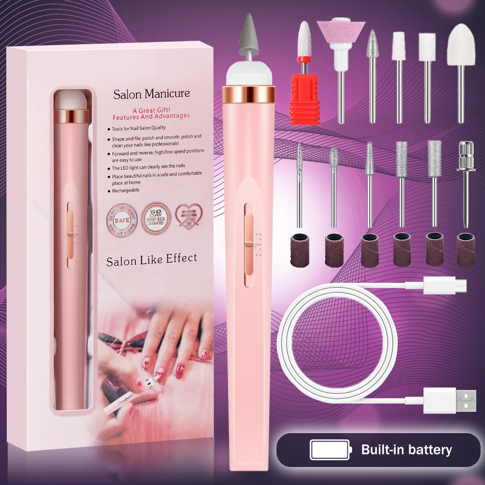 Electric Nail Polish Drill Set Machine With Light Multiple Gears Portable With Battery Electric Manicure Art Tools