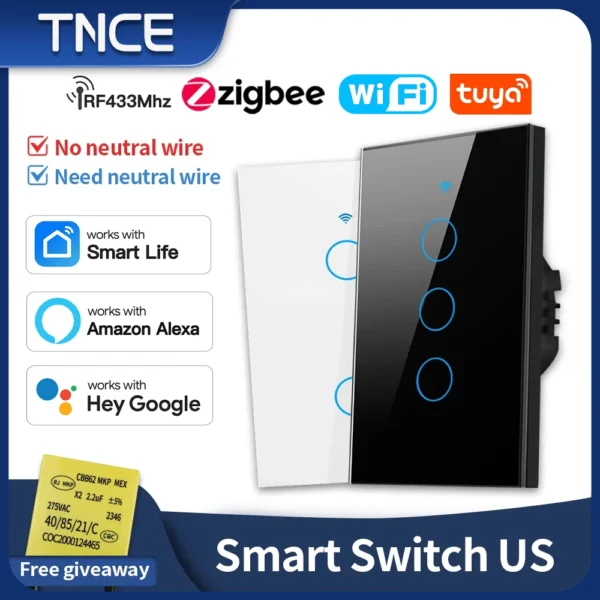 TNCE Tuya US Switch wifi zigbee,rf433 switches, No-Neutral/Wire LED light control Wall Button,smart voice with Alexa Google Home