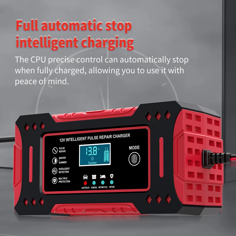6A 12V Intelligent Car Battery Charger Car and Motorcycle Battery Charging Unit Lead-Acid Battery Repair LCD Display