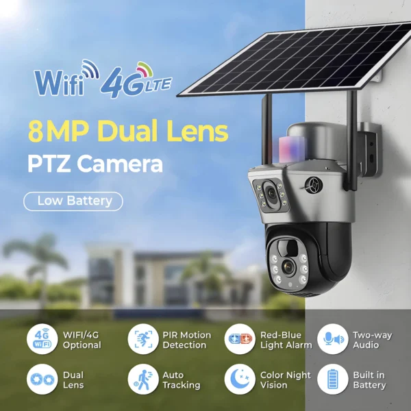 4G Solar Camera 2 Lens CCTV Camera 4K 8MP HD Night Vsion Wirless WiFi Camera Outdoor Security Protection Smart Home IP Cameras