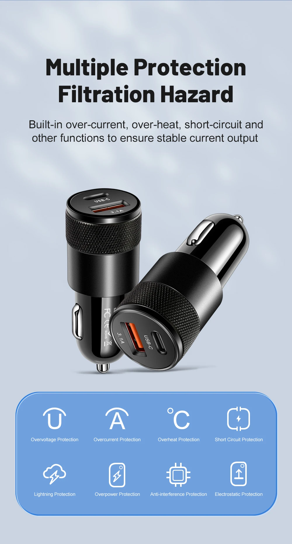 3.1A USB Car Charger Type C Fast Charging Phone Adapter For Xiaomi Huawei PD Phone Charger Adapter Socket Cigarette Lighter