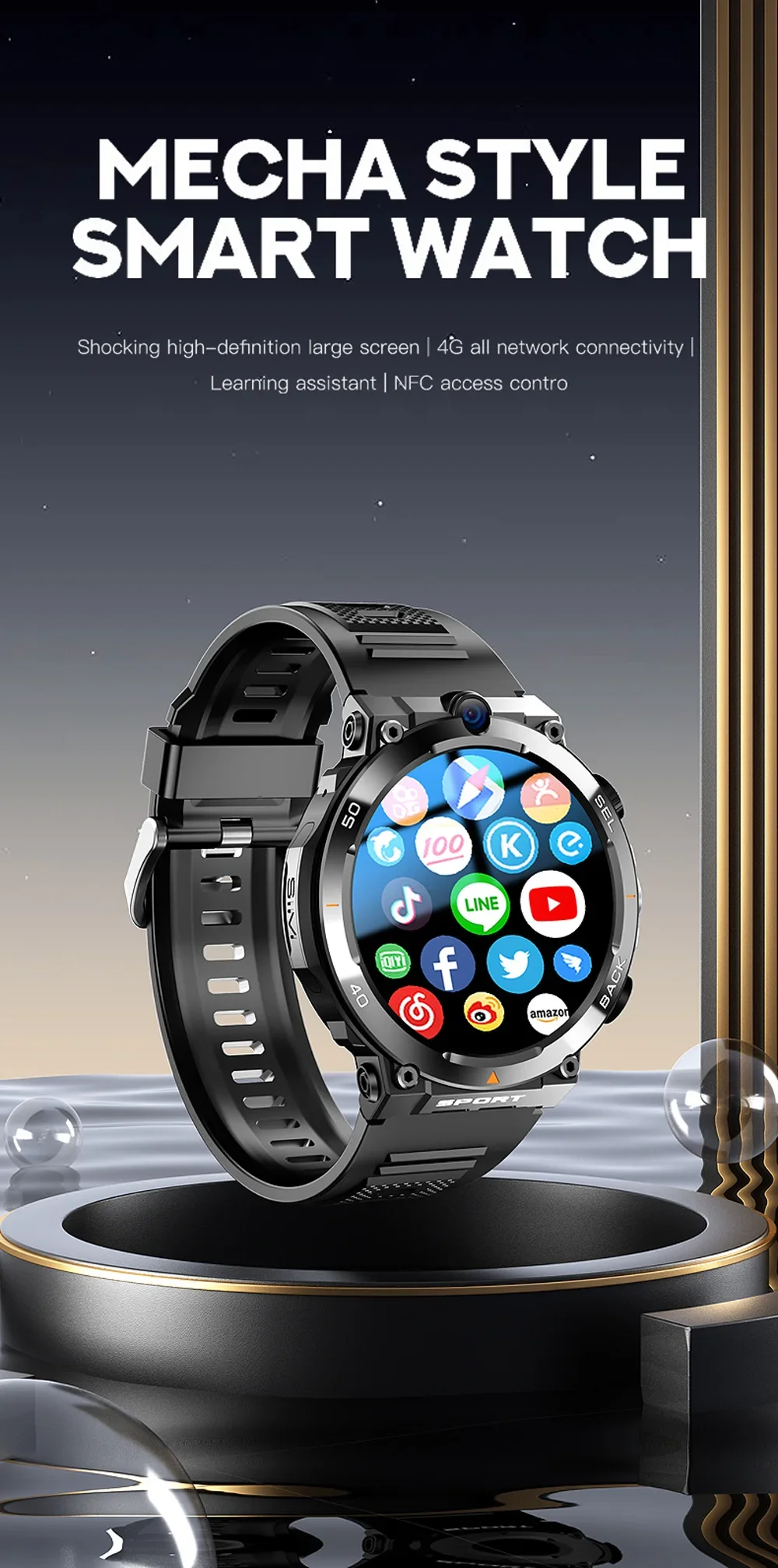 1.39-inch 4G Network SIM Card Smart Watch Dual Camera GPS Wifi NFC Rugged 64G-ROM Google Play IP67 Android Men Women Smartwatch