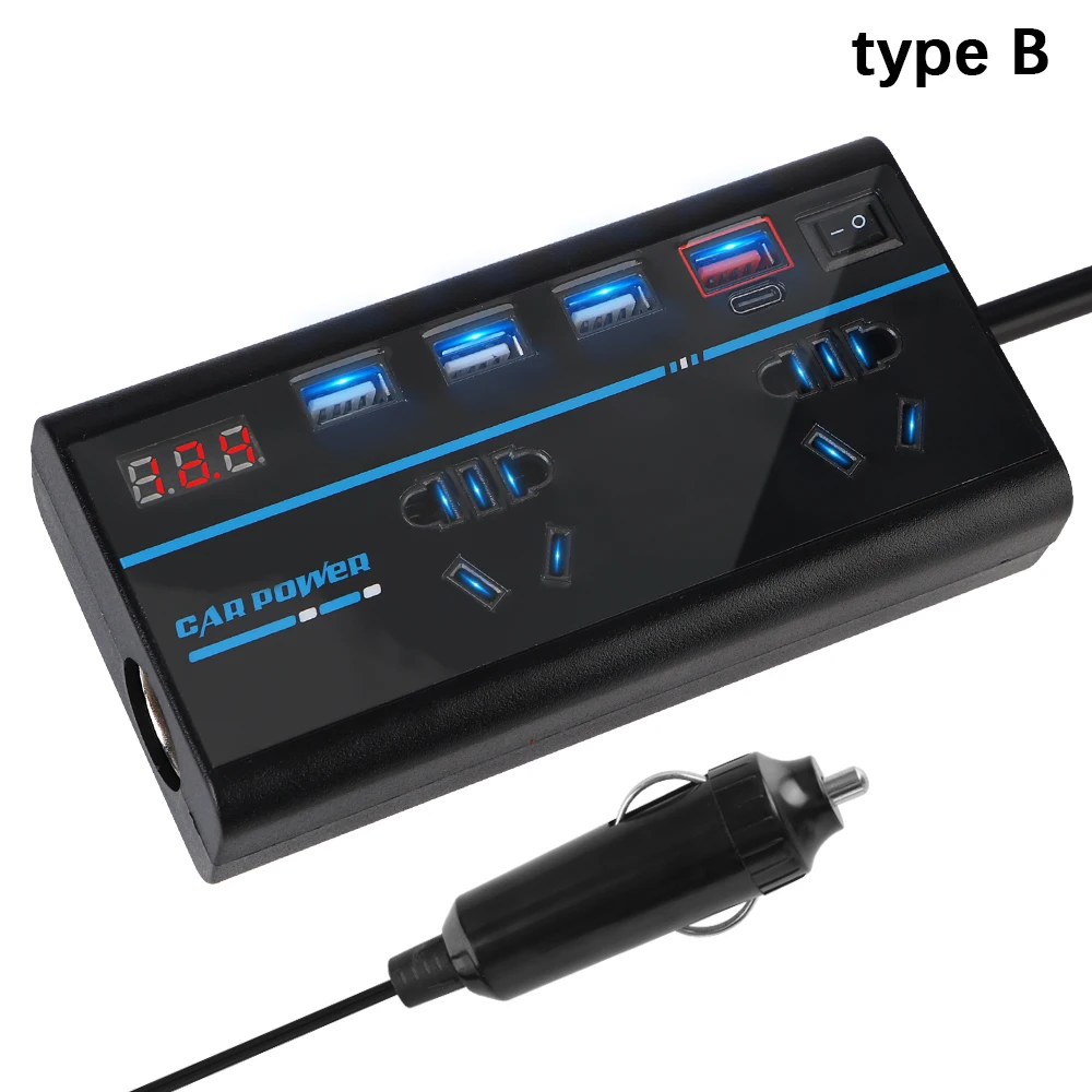 DC 12V/24V to AC 110V/220V Converter USB/PD/Type-C Chargers 200W 8 Ports Sockets ON/OFF Switch Power Adapter Car Inverter QC 3.0