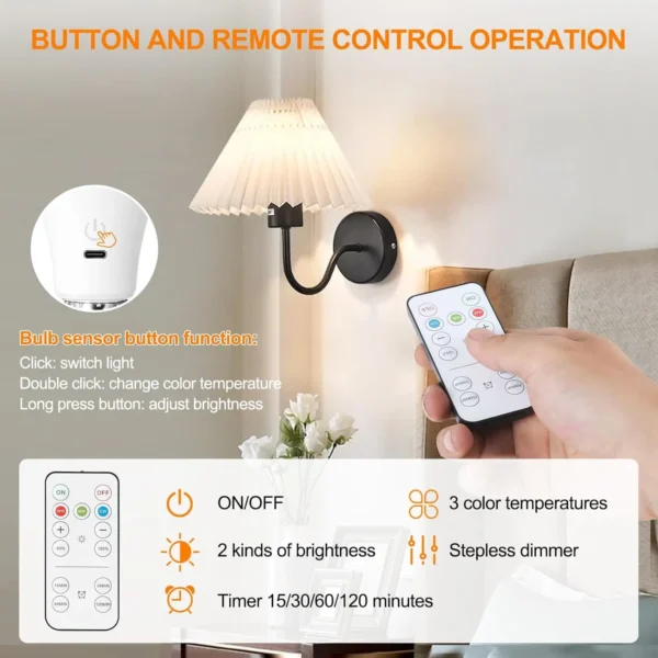 Rechargeable Light Bulbs with Remote Control, E27 Cordless Battery Operated Light Bulb for Lamps,2200mAh/Dimmable/Timer
