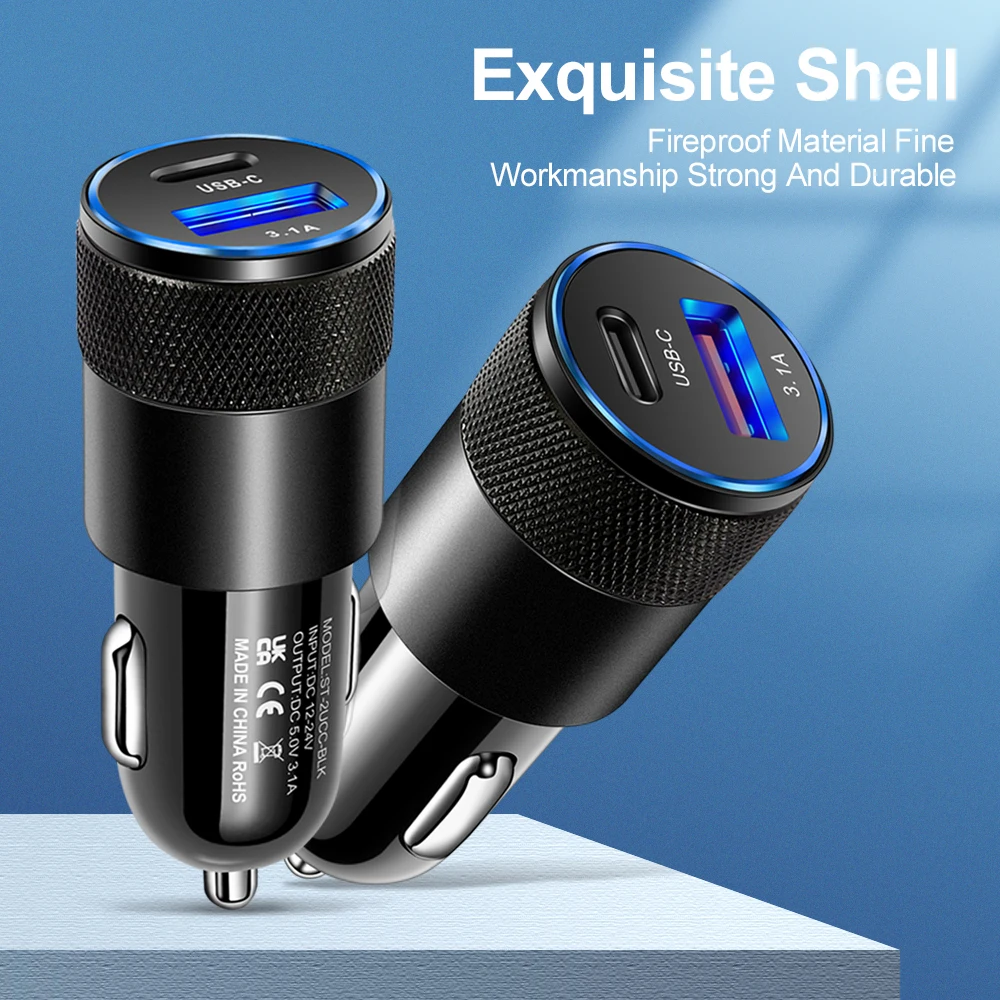 3.1A Dual USB Car Charger QC3.0 Fast Charging PD Phone Charger Auto Cigarette Lighter Adapter 12-24V For iPhone Xiaomi Huawei