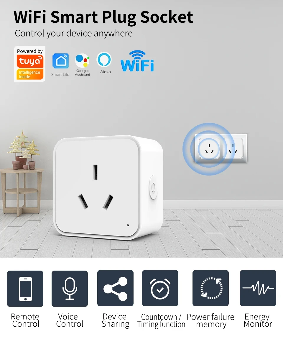Tuya Smart Socket WiFi Intelligent AU Plug With Power Monitor Wireless Timing Socket Voice Control Works With Alexa Google Home