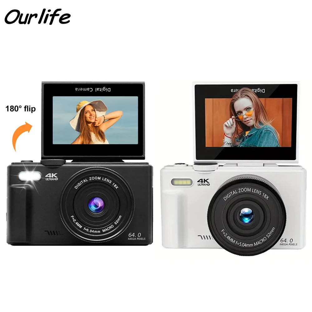 Compact Digital Photography Camera 4K 18X Digital Zoom Vintage Video Recorder YouTube WiFi Webcam 64MP 180° Flip Screen Cameras