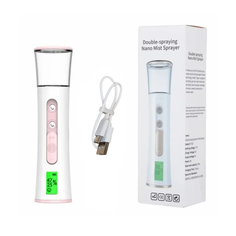 Double Spray-head Nano Mist Sprayer Mini Hydrating Humidifier Skin Care LED Display Portable Facial Steamer Handheld Nebulizer