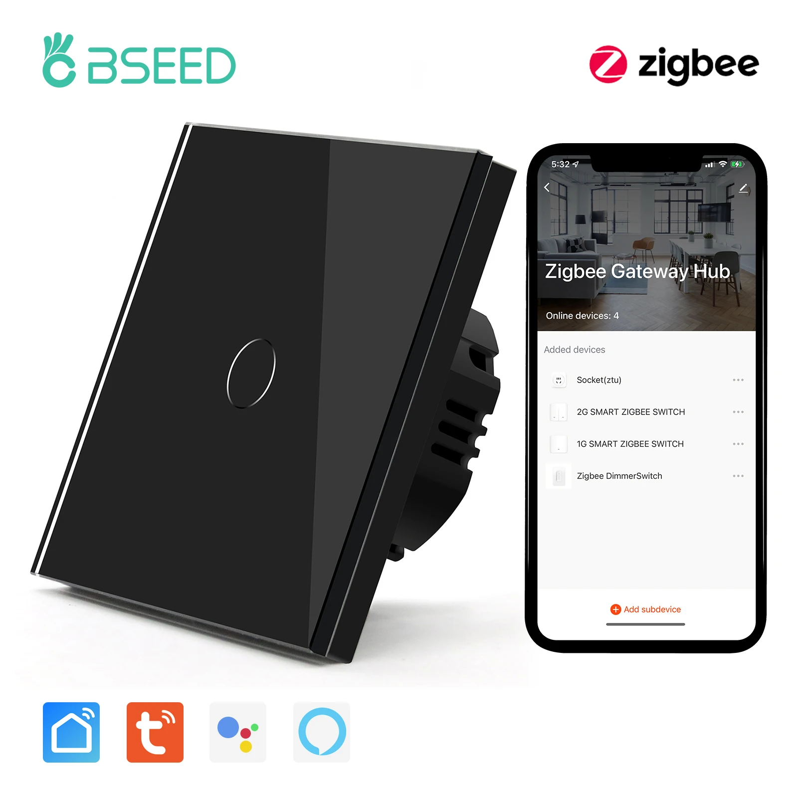 BSEED Zigbee Touch Switch Glass 1/2/3Gang Smart Light Switch Tuya Wireless Controller via Google Smart Life Alexa App No Neutral