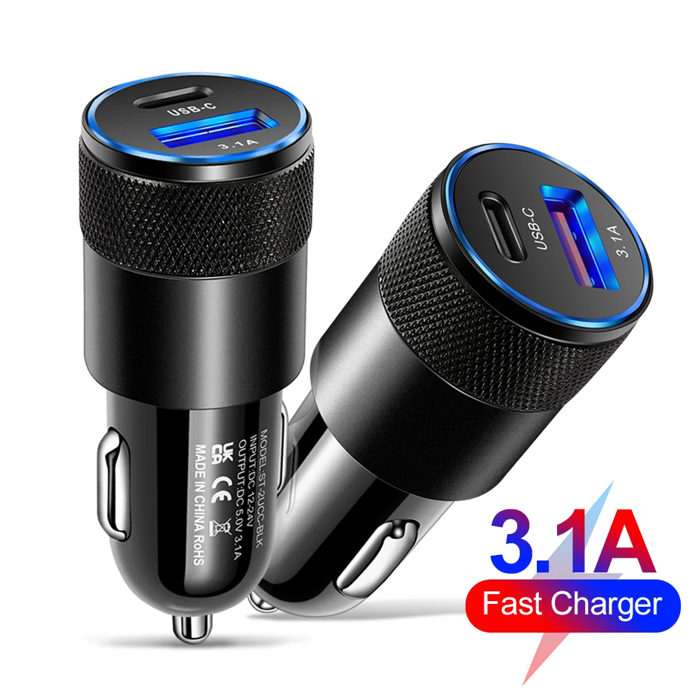 3.1A Dual USB Car Charger QC3.0 Fast Charging PD Phone Charger Auto Cigarette Lighter Adapter 12-24V For iPhone Xiaomi Huawei