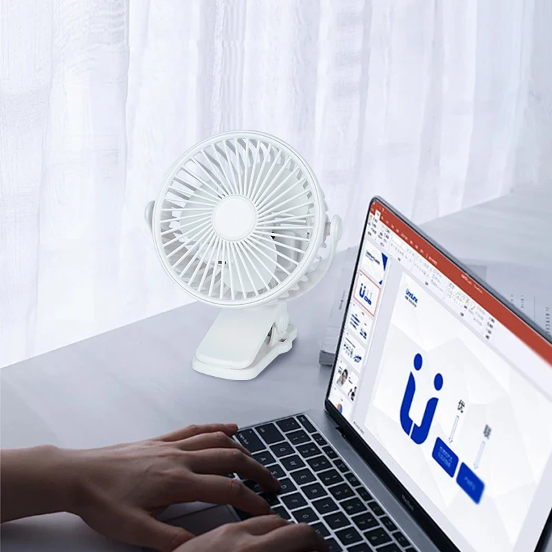 Mini clip electric fan, which can rotate 180 degrees. The stand supports USB charging, and multiple gears can be adjusted.