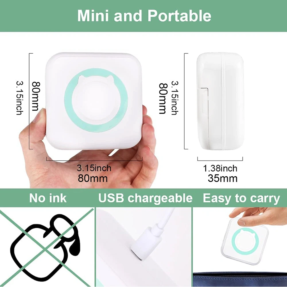 Portable Mini printer,thermal pocket Label  printer, for Android or IOS APP, inkless sticker printer, suitable for home, office