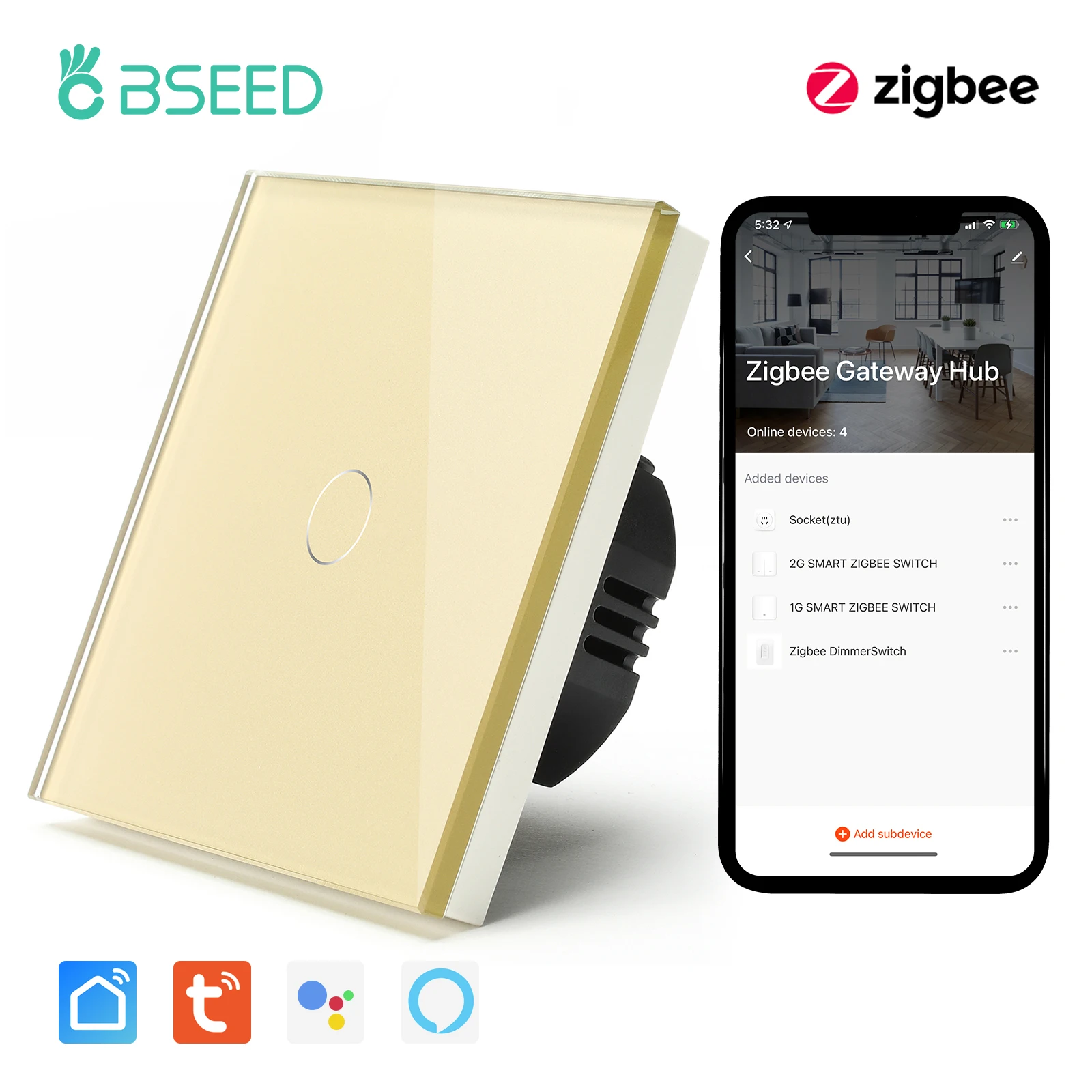 BSEED Zigbee Touch Switch Glass 1/2/3Gang Smart Light Switch Tuya Wireless Controller via Google Smart Life Alexa App No Neutral