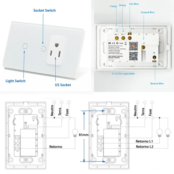 Wifi Smart Tuya Light Switch Stairs Mexico US Wall Socket American Plug Outlet Intelligent Glass Panel Remote Alexa Google Home