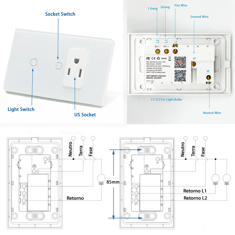 Wifi Smart Tuya Light Switch Stairs Mexico US Wall Socket American Plug Outlet Intelligent Glass Panel Remote Alexa Google Home