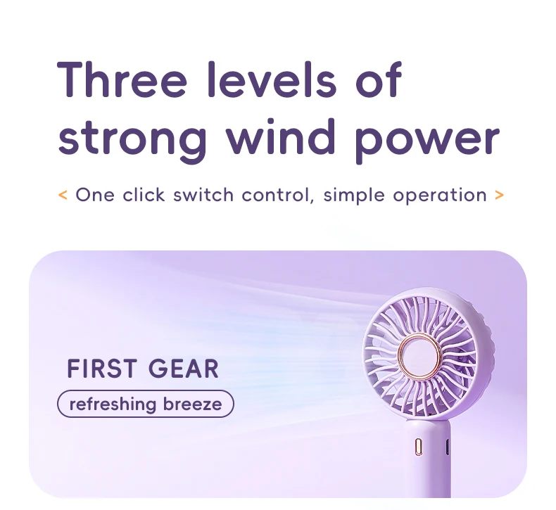 Mini Portable Fan Cute Design 3 Speed Personal Handheld  Desktop with Standing Ring Lightweight USB Rechargeable