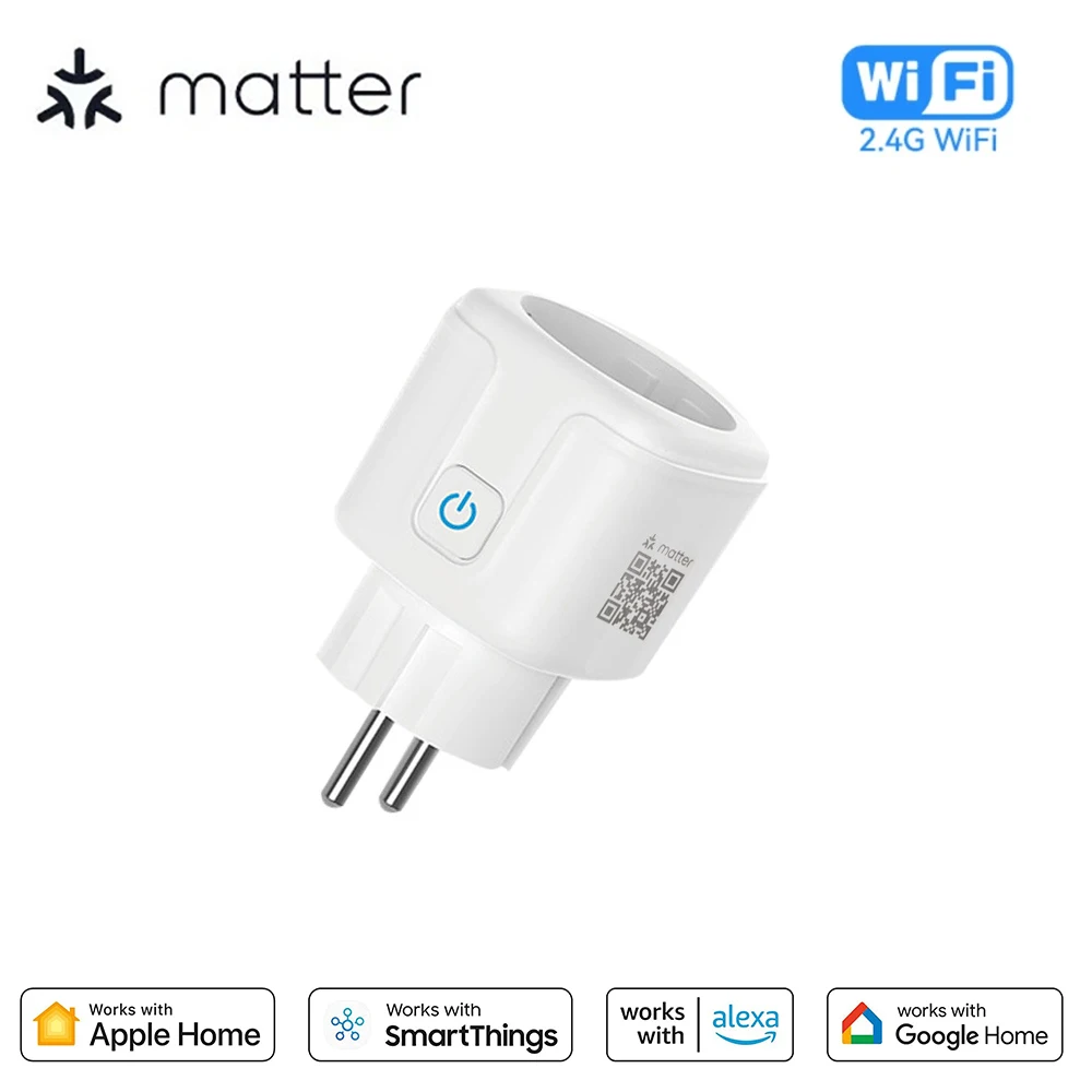 Matter WiFi Smart Socket 16A EU Home Appliance Outlet Mini Smart Plug Adapter APP Control Works with HomeKit Siri Alexa Google