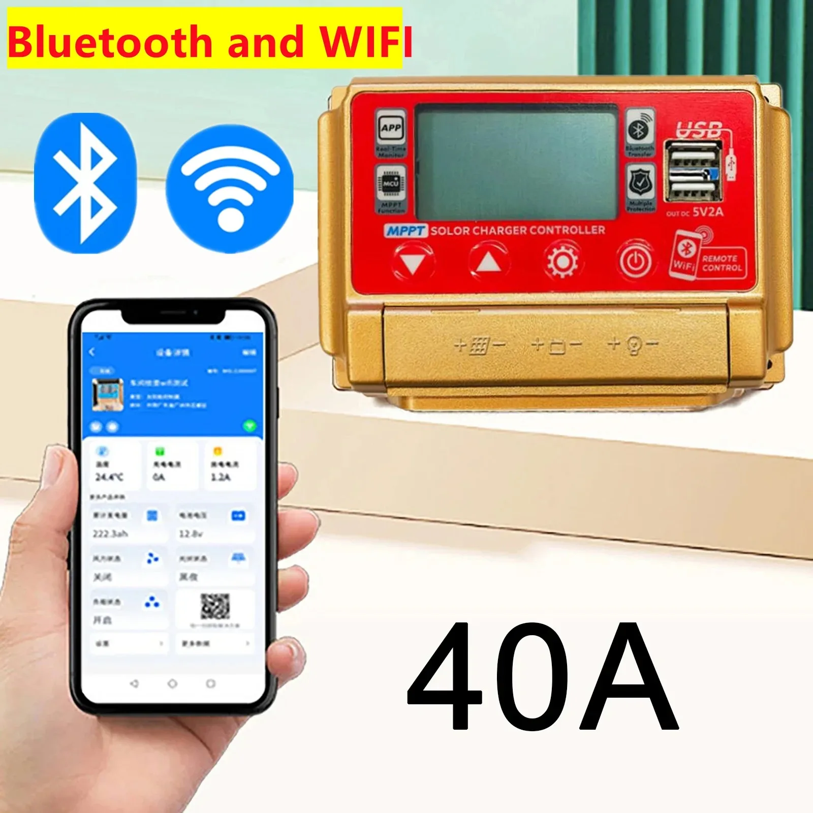 12V/24V 30A/40A/50A/60A High Definition LCD Large Digital Display Bluetooth WIFI Solar Charge Controller MPPT Controller Solar