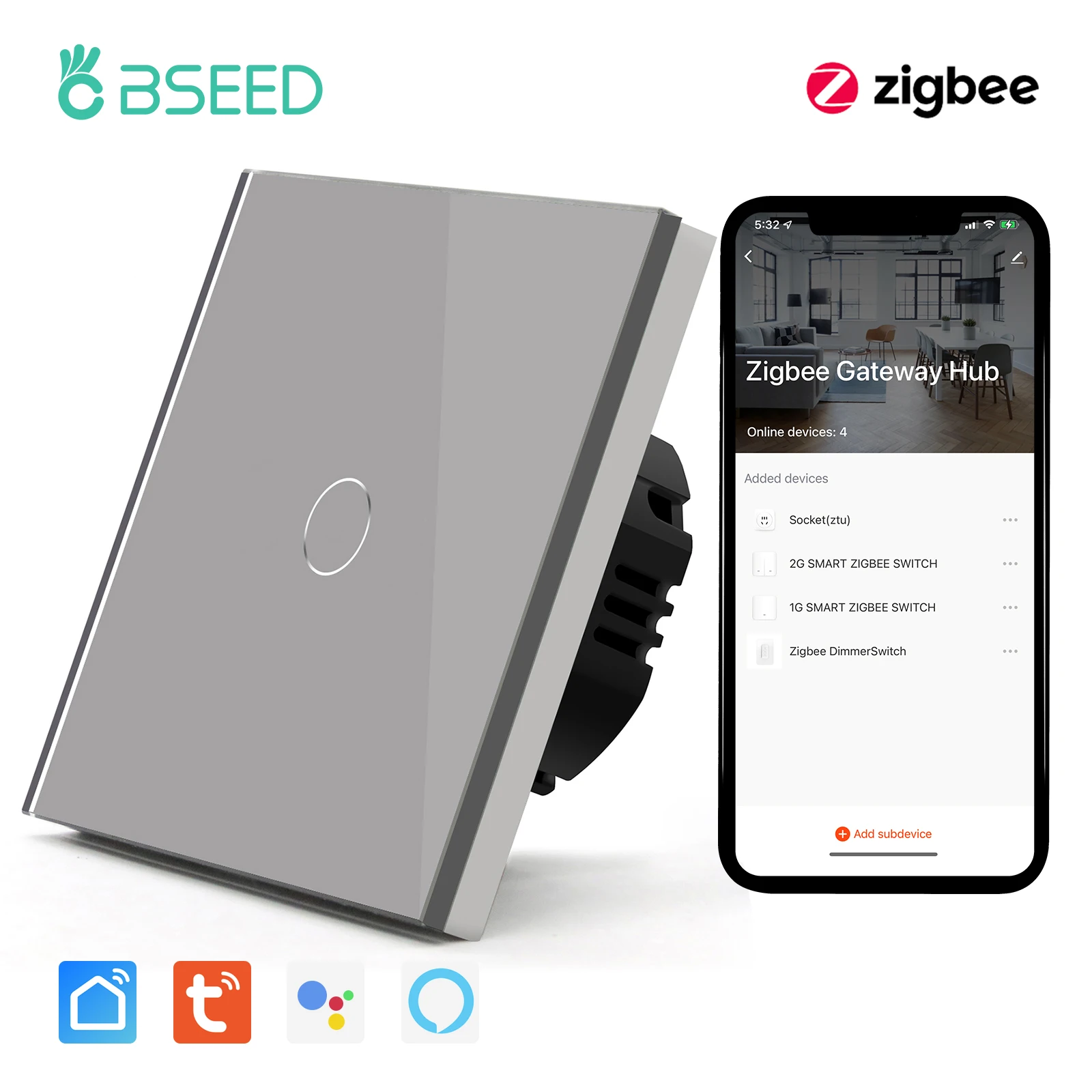 BSEED Zigbee Touch Switch Glass 1/2/3Gang Smart Light Switch Tuya Wireless Controller via Google Smart Life Alexa App No Neutral