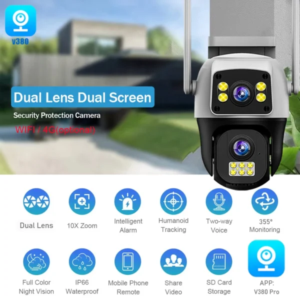 8MP 4G Sim Card Camera Dual Lens Dual Screen Wireless WiFi Outdoor Surveillance Human Detect Security Protection PTZ IP Cameras
