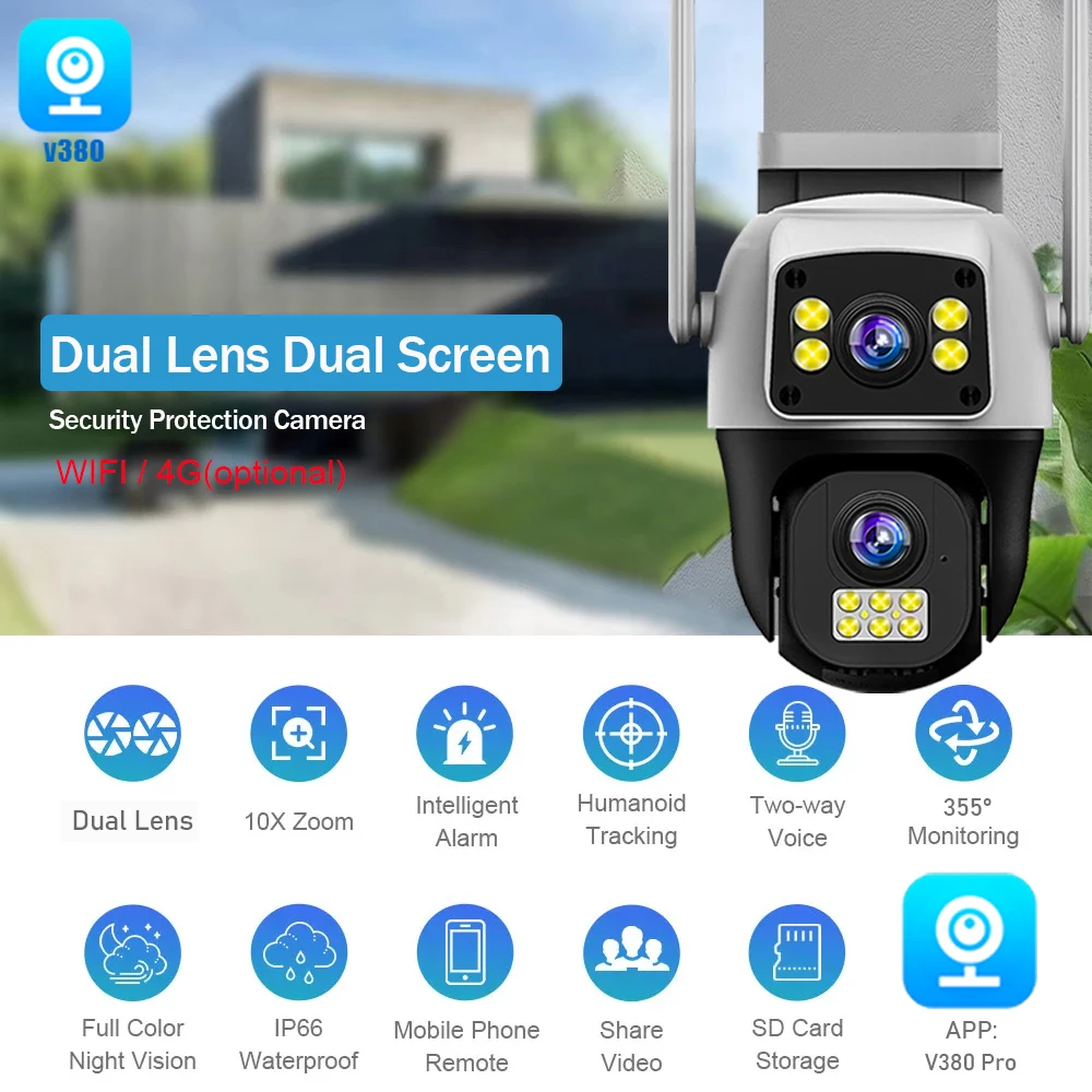 8MP 4G Sim Card Camera Dual Lens Dual Screen Wireless WiFi Outdoor Surveillance Human Detect Security Protection PTZ IP Cameras