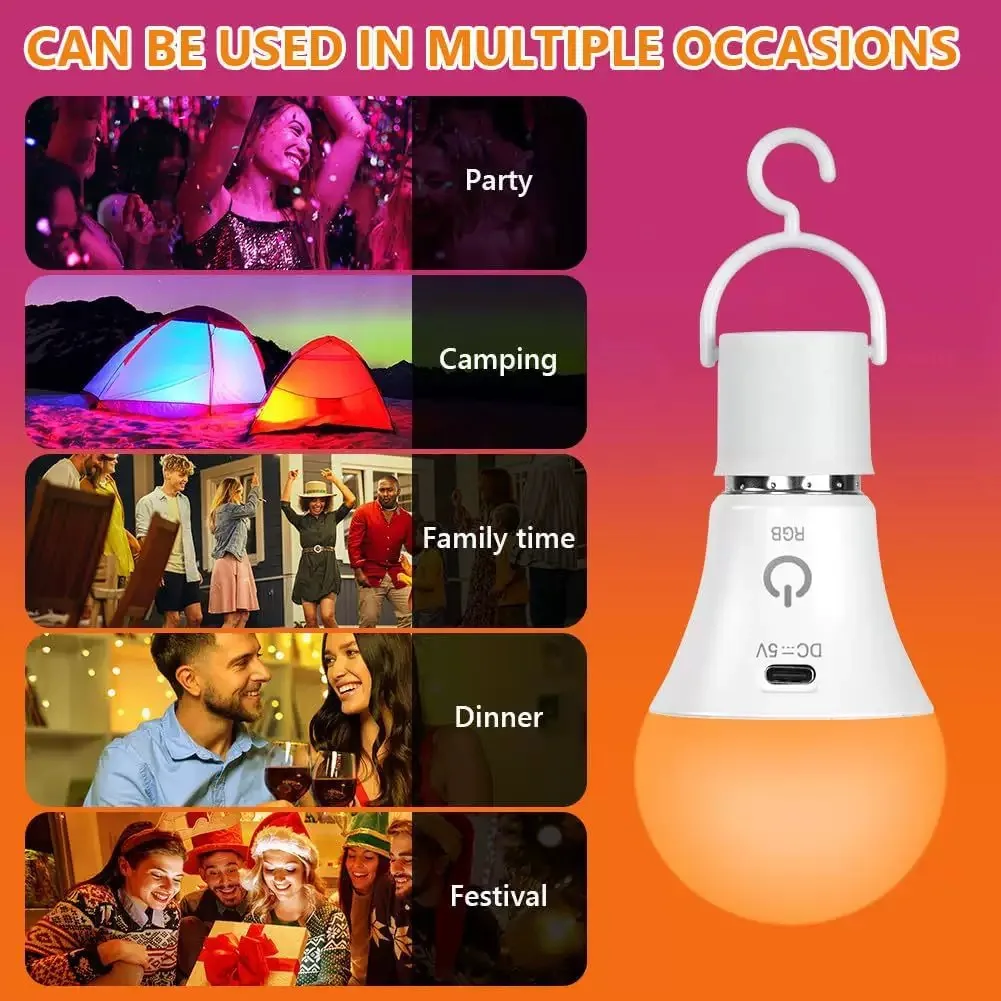 Rechargeable Light Bulb with Remote Control Dim & RGB, Timer, E27 Base,Backup Emergency Light for Home or Outdoor