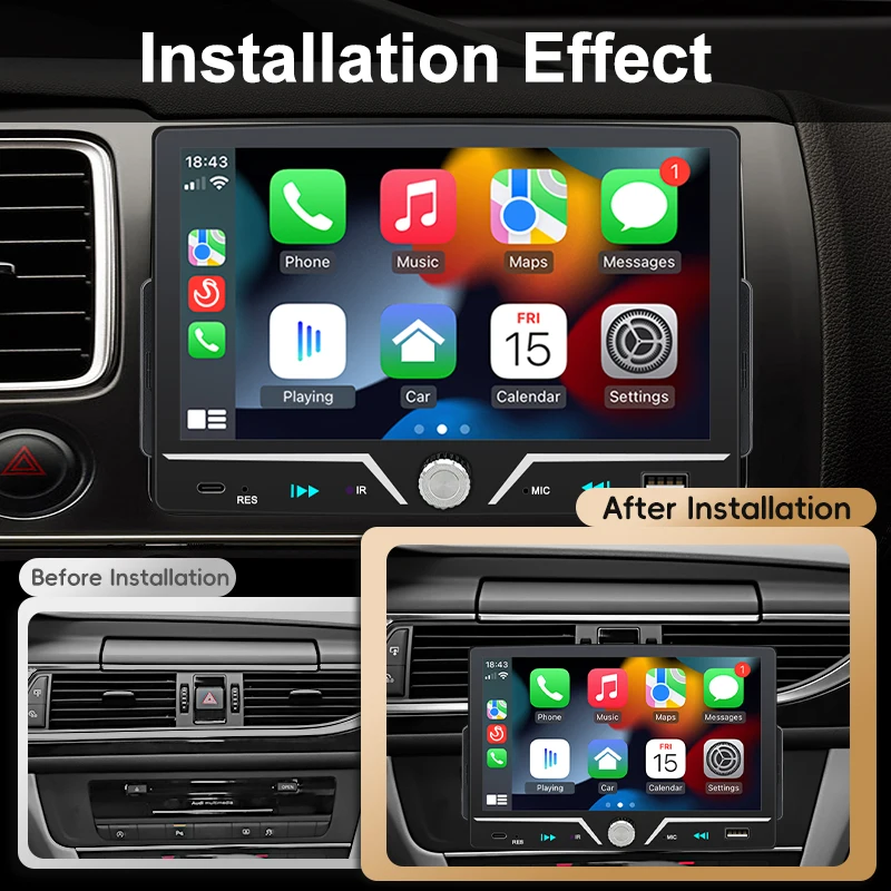 Hippcron Car Radio 1 Din Wireless Android Auto Carplay MP5 Stereo 7" IPS Screen Bluetooth Mirror Link Type-C Charging Universal