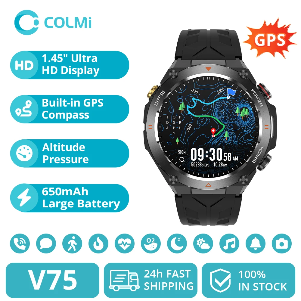 2024 COLMI V75 GPS Smart Watch 1.45" Ultra HD Display Built-in GPS & Compass Make/Receive Phone Calls Smartwatch 650mAh Battery