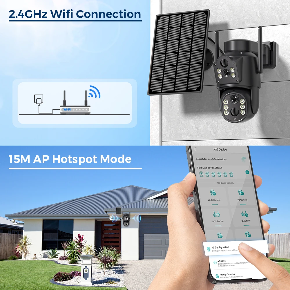 4K HD Solar WiFi Camera Outdoor Built-in Battery Dual Lens 2K Security Camera Solar Panel Wireless Video Surveillance CCTV iCSee