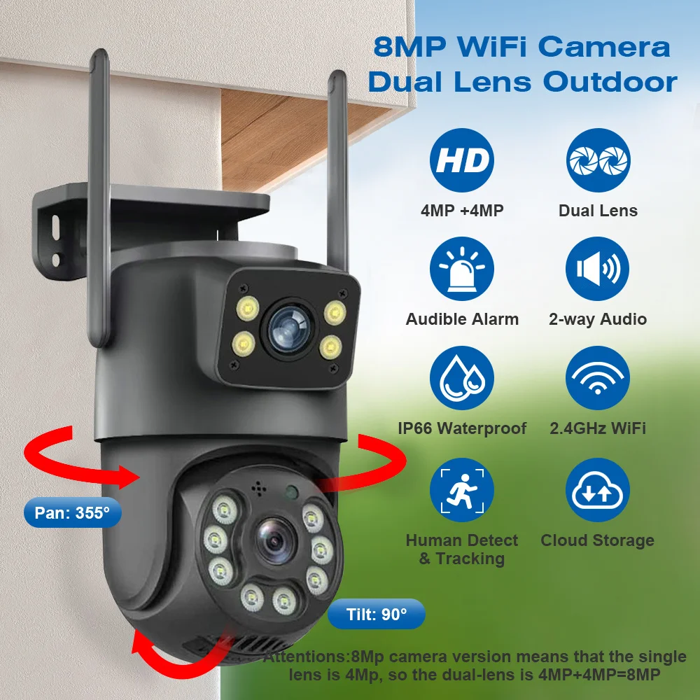 8MP WiFi Camera PTZ Dual Screens Auto Tracking Night Vision CCTV Surveillance Camera Outdoor 4MP Security IP Camera icsee