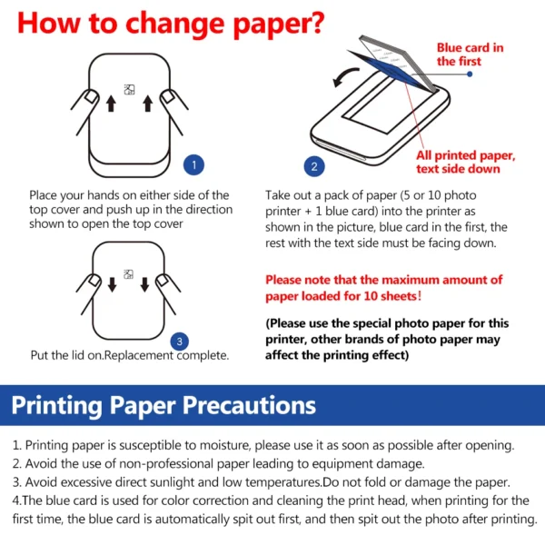 MT53 Portable Color Photo Printer Handheld Pocket Printer 313Dpi 2X3 inch Sticky-backed Photo Paper Printing Machine For Home