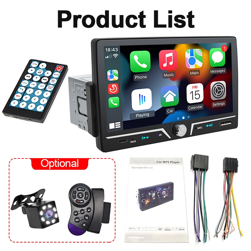 Hippcron Car Radio 1 Din Wireless Android Auto Carplay MP5 Stereo 7" IPS Screen Bluetooth Mirror Link Type-C Charging Universal