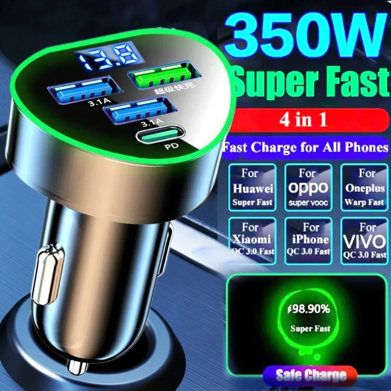 Sa4306c7c8c284afb959eb4e182f023c58.webp 350W Car Phone Charger USB Type C Super Fast Charge in Car with LED Voltage Monitor for IPhone Samsung Huawei Oneplus Vivo Oppo