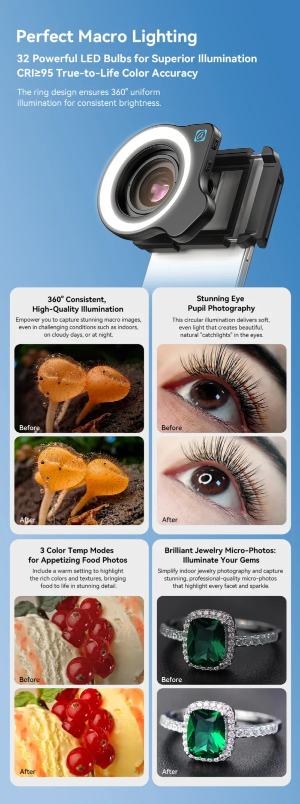 APEXEL 10-20X Zoom Macro Lens HD Micro Phone Camera Lenses with LED Fill Light for iPhone Samsung all Smartphones Eyelash Macro