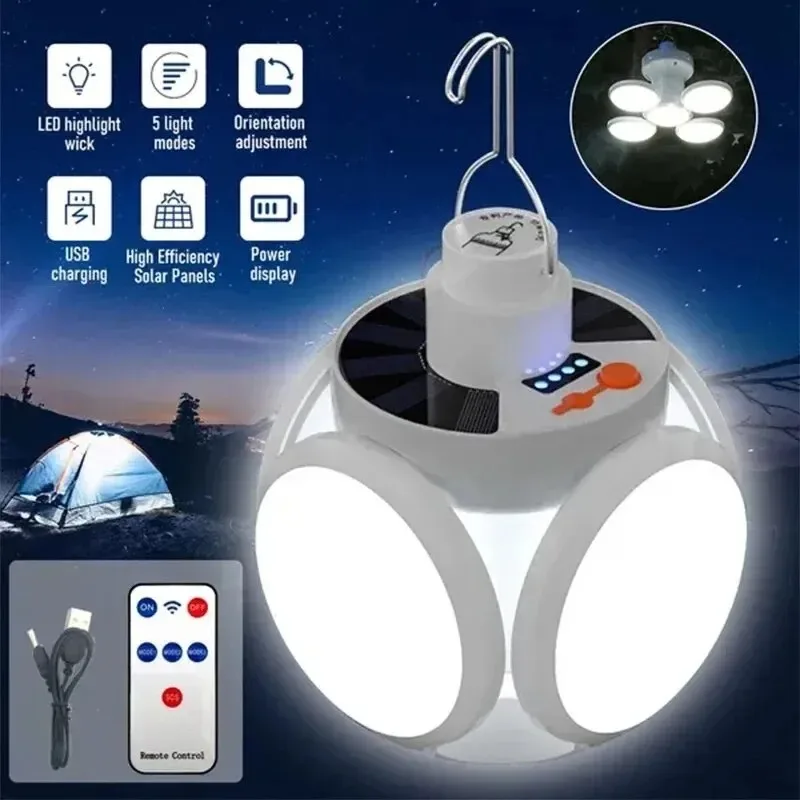 Folding Solar Camping Lantern Led Rechargeable Outdoor Hanging Tent Lamp Solar/USB Portable LED Bulbs With Hook Emergency Lights